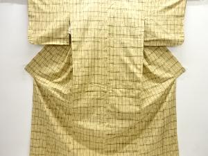 アンティーク　格子に絣柄織り出し手織り紬着物